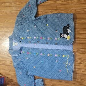 Vintage Quaker Factory Quilted Denim Coat with embroidered flowers and cat